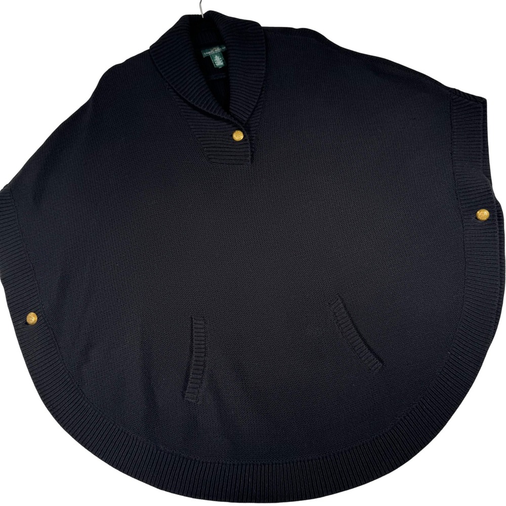 Lauren Ralph Lauren Poncho Women XL Black Shawl Collar Gold Button Knit Sweater